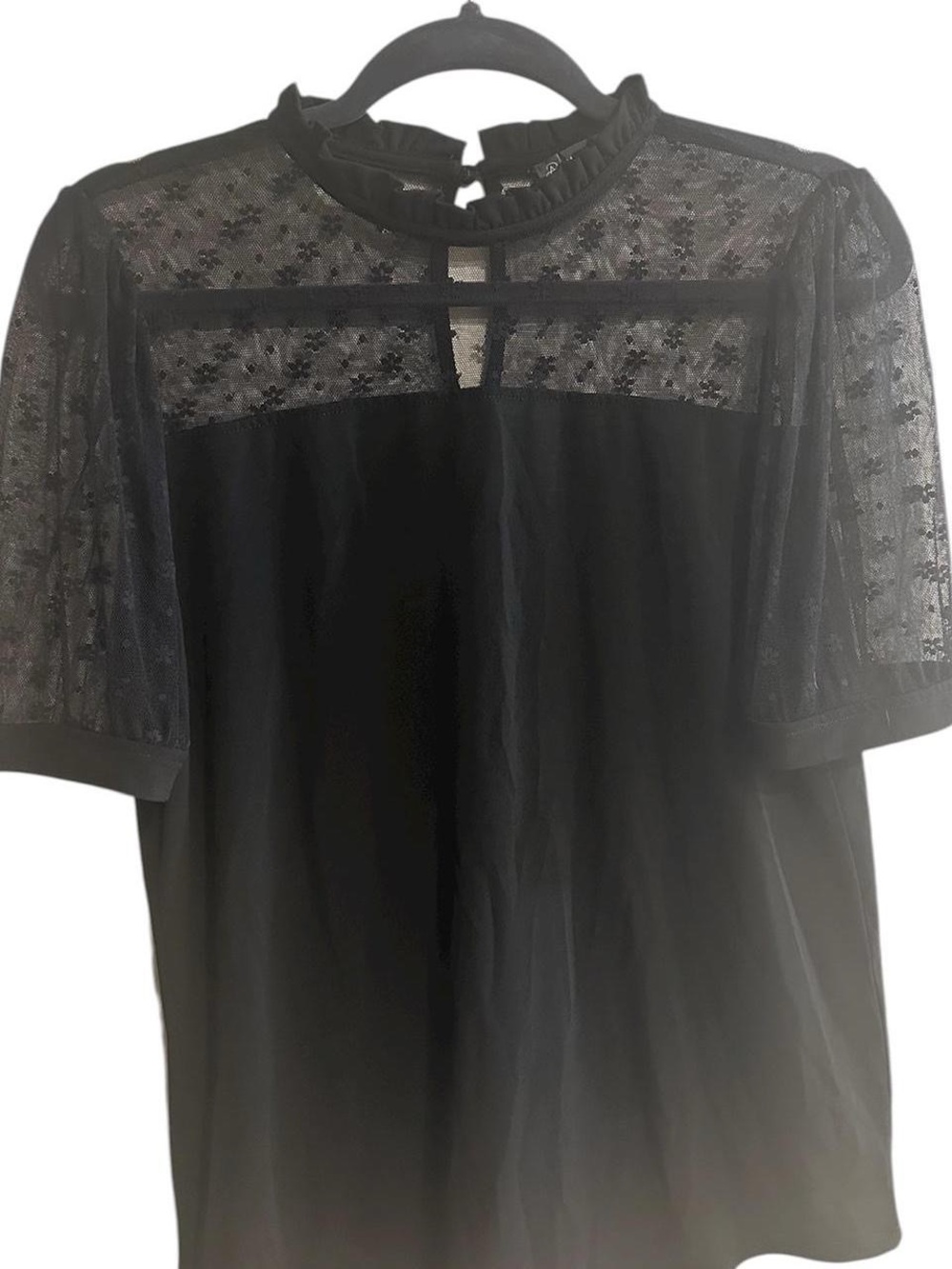 Adrianna Papell Black Sheer Lace Mock Neck Blouse SZ M Floral Goth Grunge Fairy